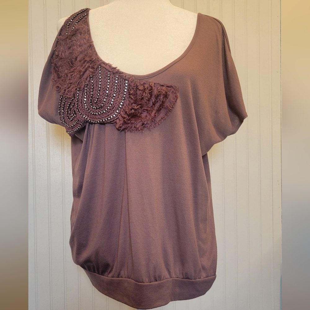 Daytrip purple cold shouldered size lg blouse with embellishment.